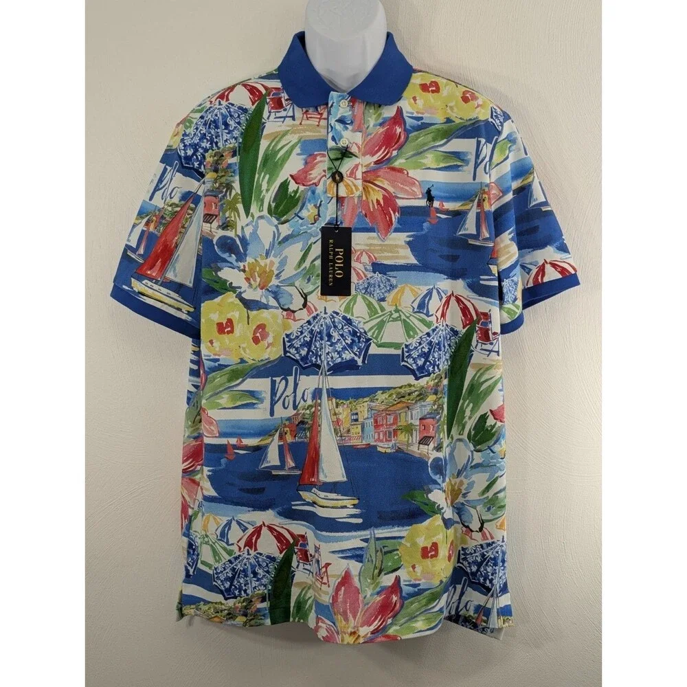 New Polo Ralph Lauren Men's Med Riviera Print Mesh Polo Shirt Vacation Sailing